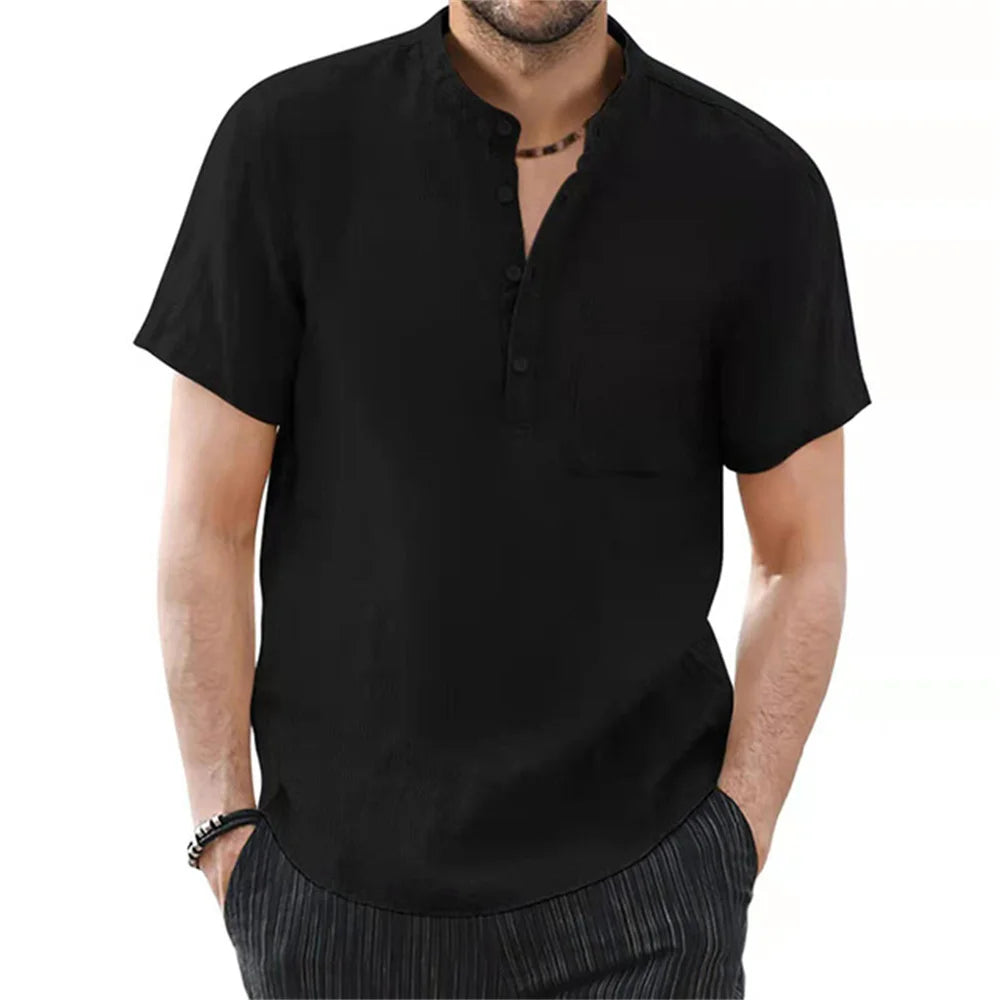 Men's breathable cotton linen short sleeve T-shirt in solid color, casual summer wear by Nova Mart.