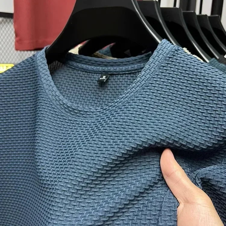 Men's slim fit bamboo ice silk mesh T-shirt by Nova Mart, featuring lightweight, breathable fabric and modern design.