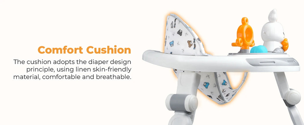 Baby walker with 4-in-1 safety features, music, lights, and toy panel by Nova Mart, showing the colorful toy panel and safety design.