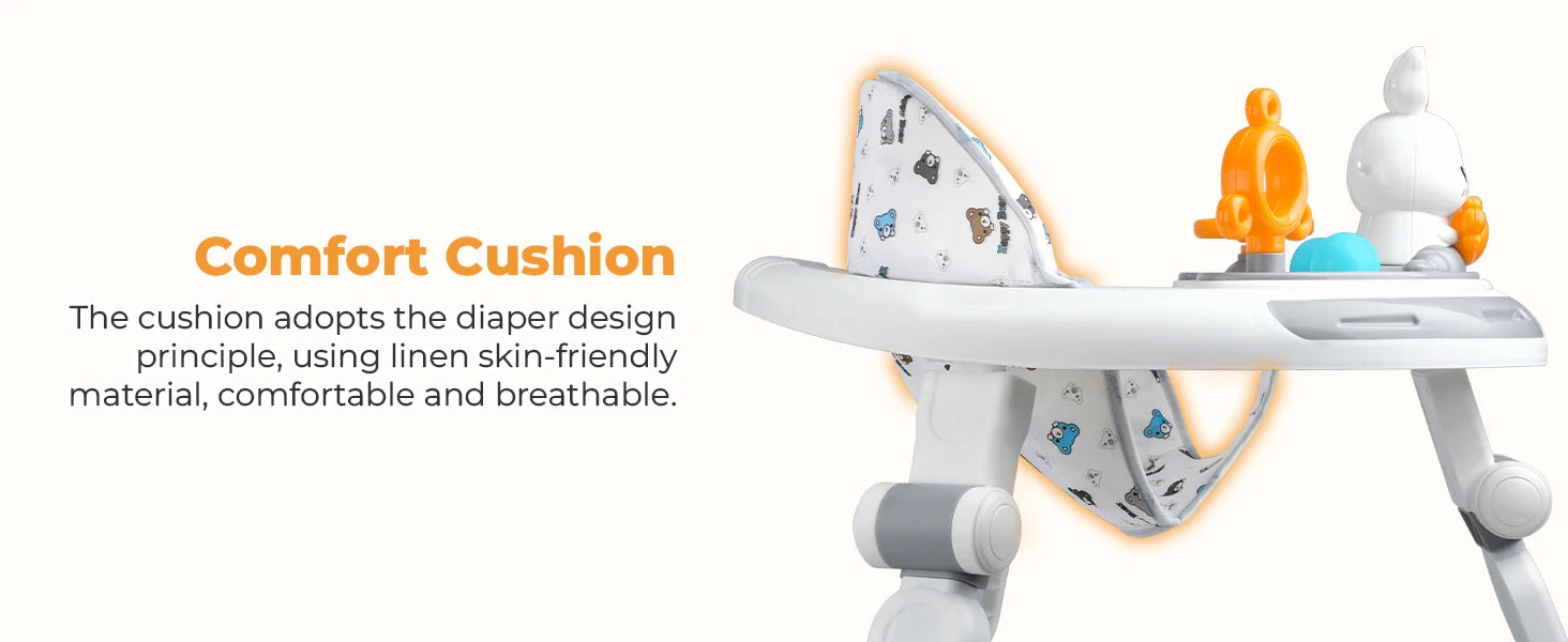 Baby walker with 4-in-1 safety features, music, lights, and toy panel by Nova Mart, showing the colorful toy panel and safety design.