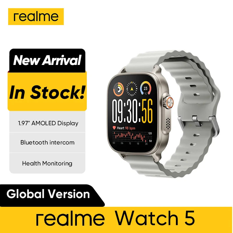 Realme Watch 5 smart watch with 1.97-inch AMOLED display, GPS, and IP68 water resistance.