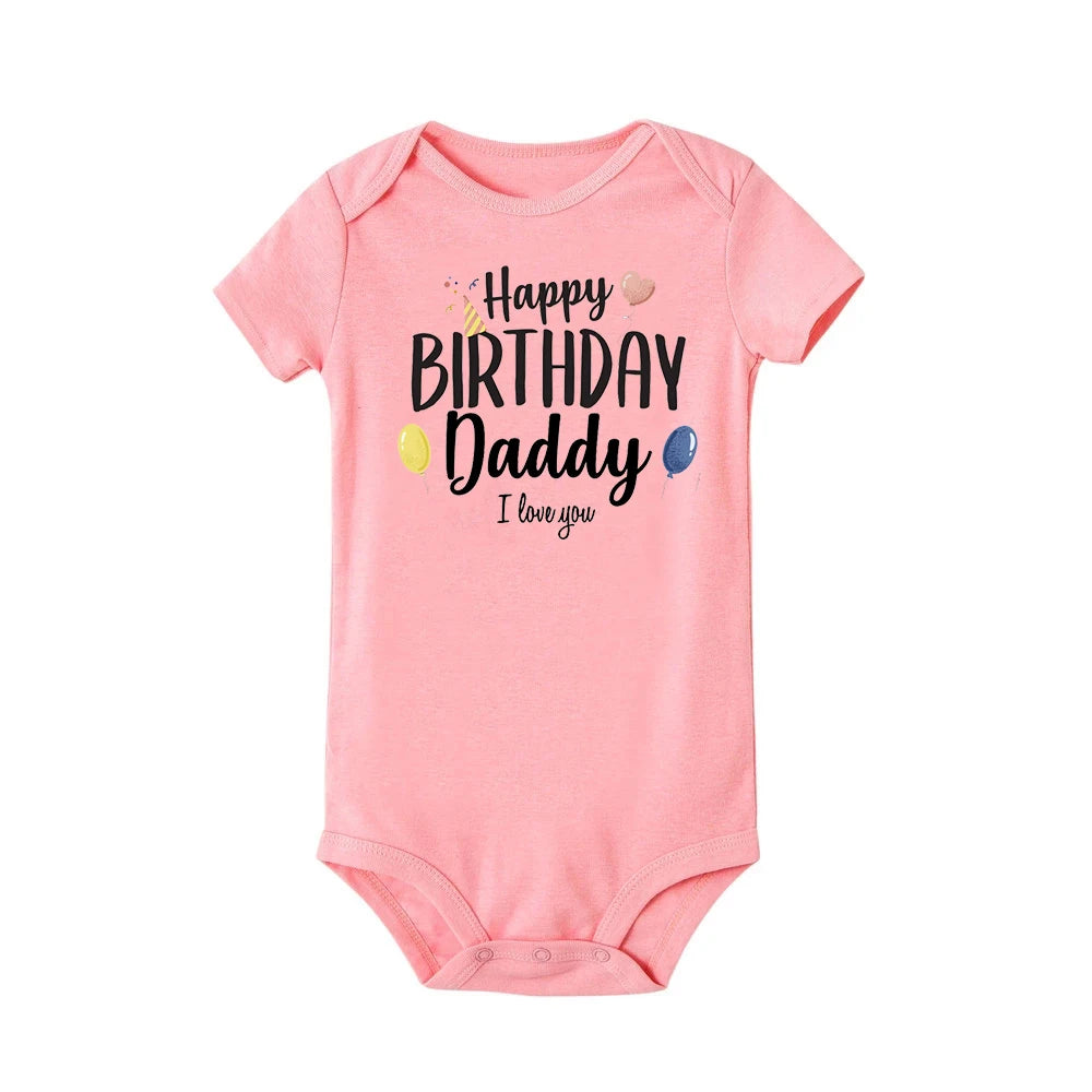 Baby boy romper by Nova Mart featuring a "Happy Birthday Daddy" print, short sleeve summer bodysuit for special occasions.