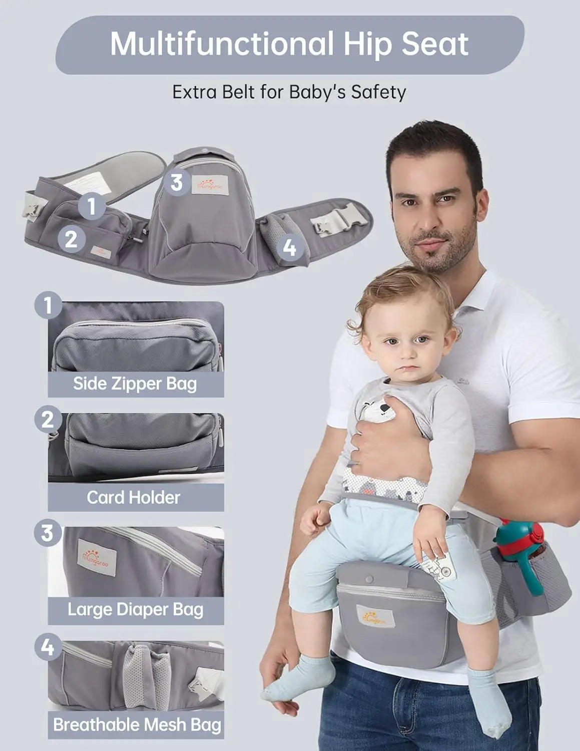 Baby carrier by Nova Mart with hood, suitable for newborn to toddler, designed for all seasons, shown in a neutral color.