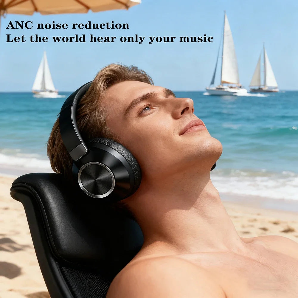 Wireless Bluetooth headset by Nova Mart with ANC, stereo sound, sports and gaming design, and 60-hour playback in black.