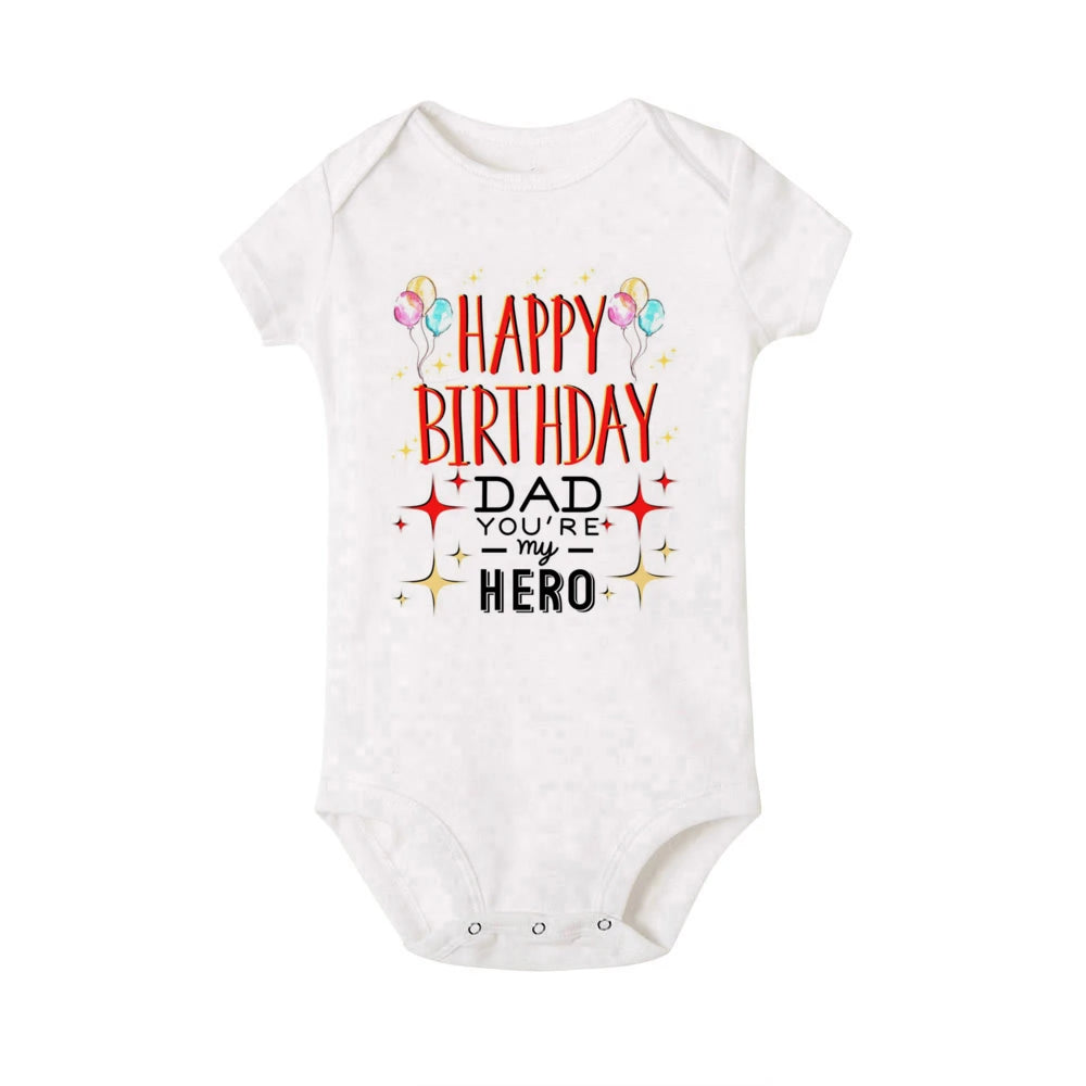 Baby boy's short sleeve birthday bodysuit by Nova Mart featuring "Happy Birthday Daddy" print, perfect for summer rompers.