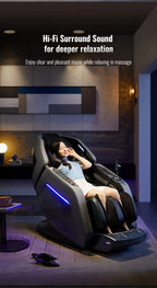Nova Mart 4D Zero Gravity Massage Chair with voice control and Bluetooth, featuring a sleek black design and padded armrests.