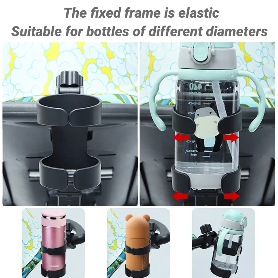 Universal baby stroller cup holder by Nova Mart holding a water bottle and drink, attached to a stroller for easy access.