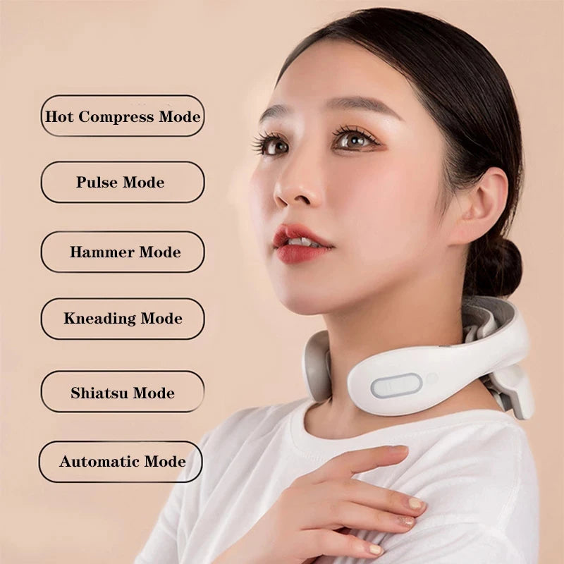 Nova Mart smart neck massager with low frequency pulse for cervical relief, featuring ergonomic design and adjustable straps.