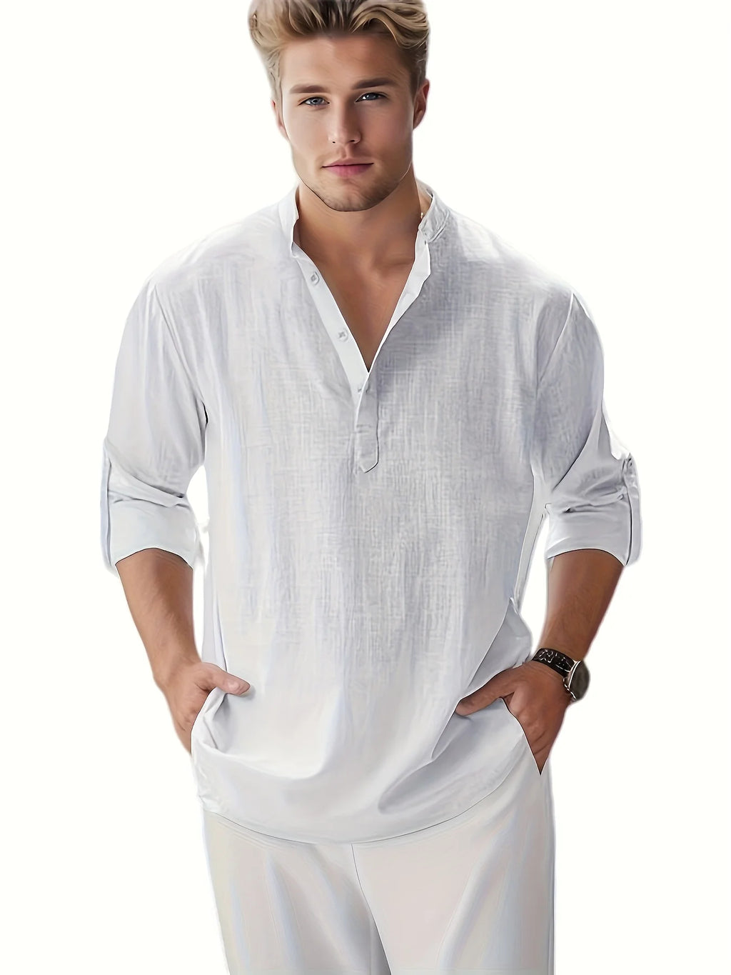 Men's linen stand collar shirt with long sleeves by Nova Mart, loose fit fashion top, light and breathable fabric.