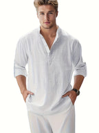 Men's linen stand collar shirt with long sleeves by Nova Mart, loose fit fashion top, light and breathable fabric.
