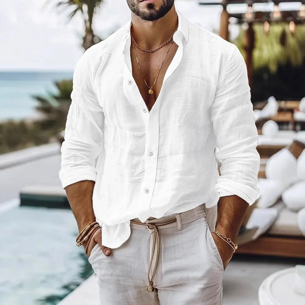Men's cotton linen shirt by Nova Mart, breathable summer beach style, shown in light fabric, casual men's fashion outfit