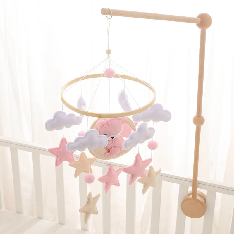 Wooden baby mobile and crib bell rattle toy by Nova Mart, featuring colorful wooden animals and a gentle music box for newborns.