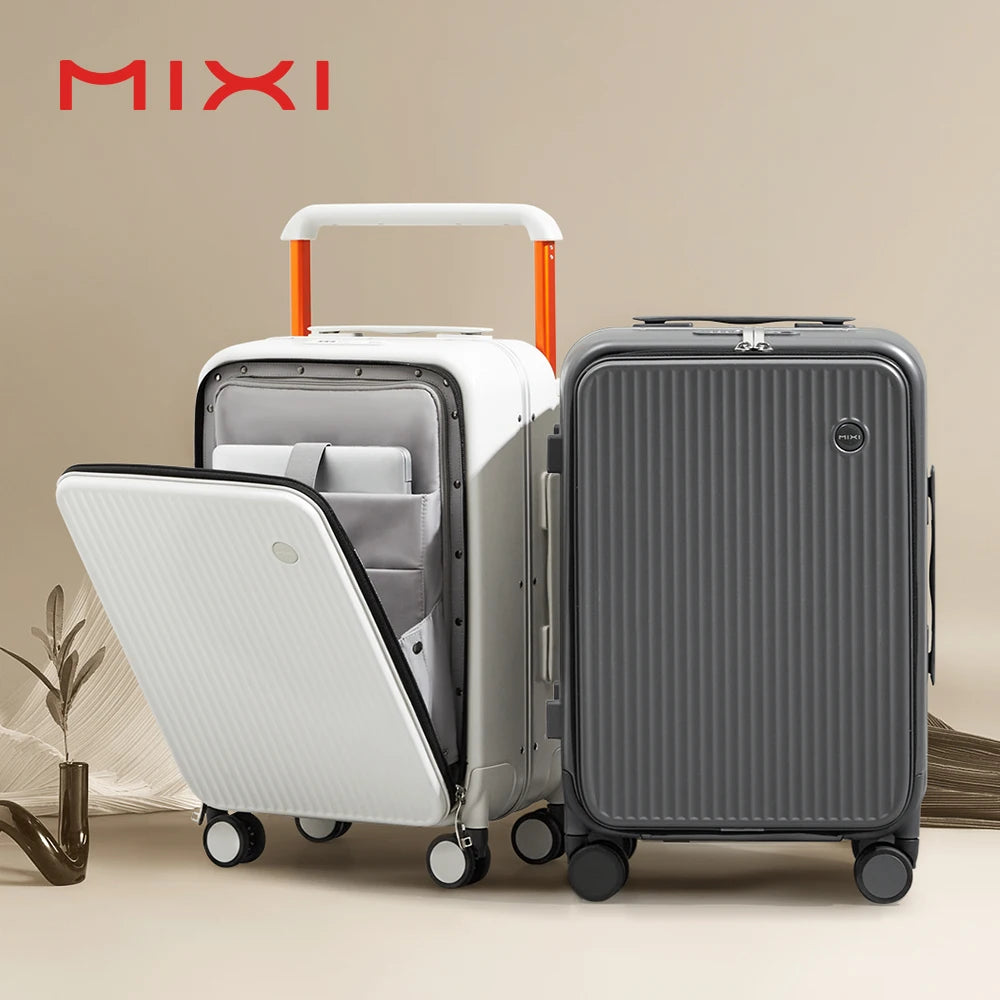 Nova Mart Mixi PC aluminum frame trolley case with laptop pocket, durable luggage with sturdy handle and spacious interior.