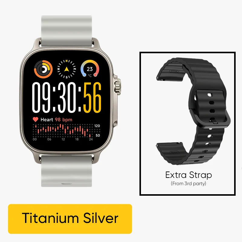 Realme Watch 5 smart watch with 1.97-inch AMOLED display, GPS, and IP68 water resistance, shown on a wrist.