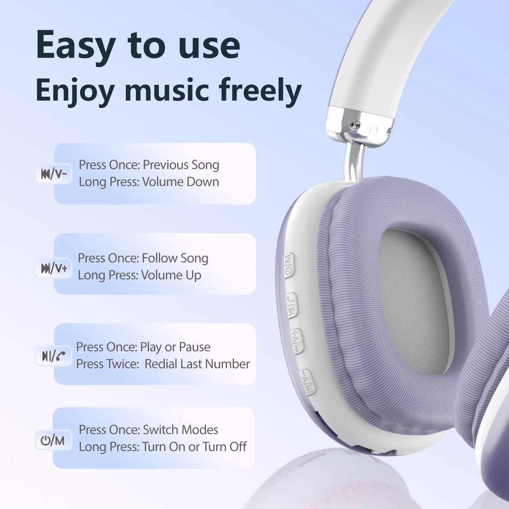 Purple Nova Mart wireless Bluetooth over-ear headphones with HiFi sound, built-in microphone, and memory card slot.