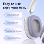 Purple Nova Mart wireless Bluetooth over-ear headphones with HiFi sound, built-in microphone, and memory card slot.