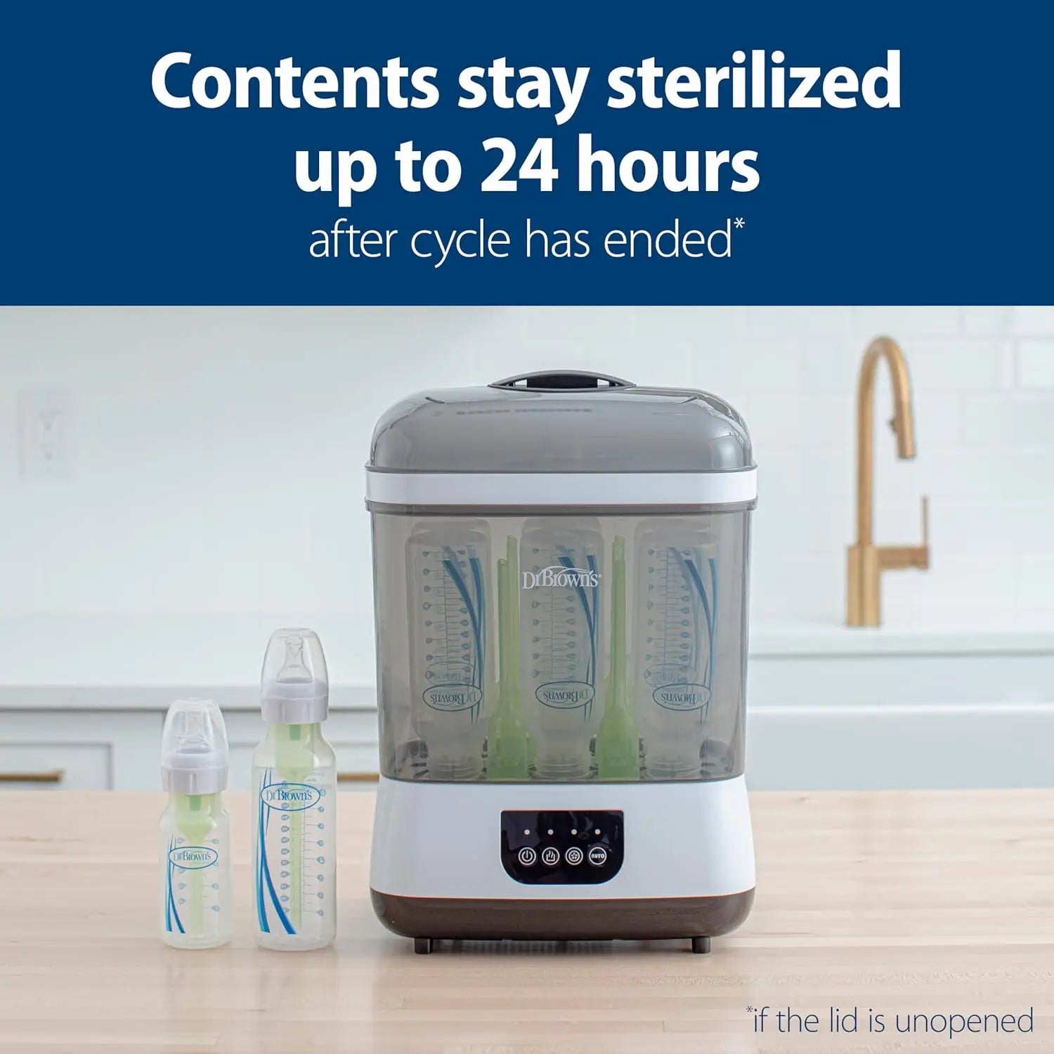 Nova Mart all-in-one baby bottle sterilizer and dryer with 4-in-1 functions, designed for newborn feeding essentials.