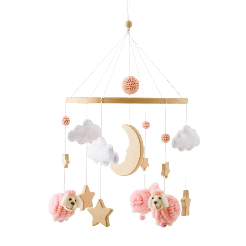 Wooden crochet stars baby crib mobile with bell and rattle toy, Nova Mart baby toy for infants and nursery decor.