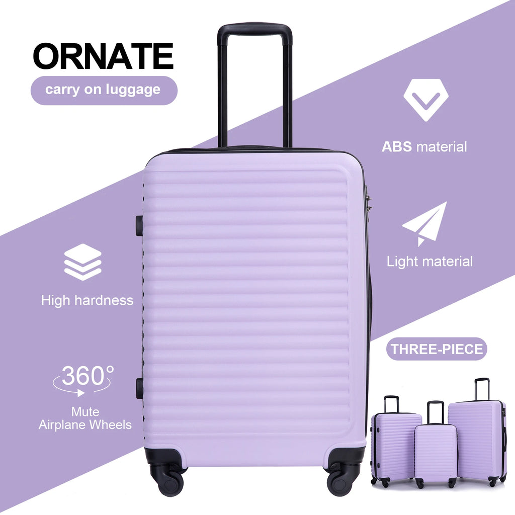 Three-piece Nova Mart Travelhouse hardside ABS luggage set with TSA locks, featuring durable suitcases in various sizes.