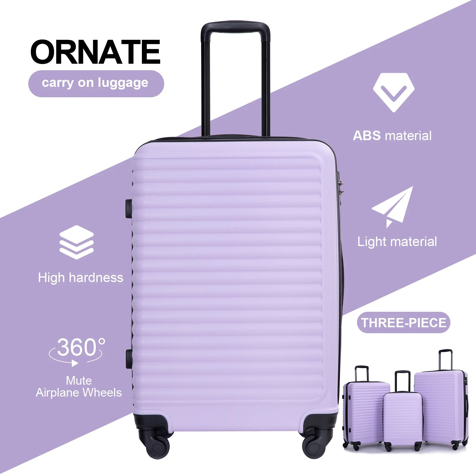 Three-piece Nova Mart Travelhouse hardside ABS luggage set with TSA locks, featuring durable suitcases in various sizes.