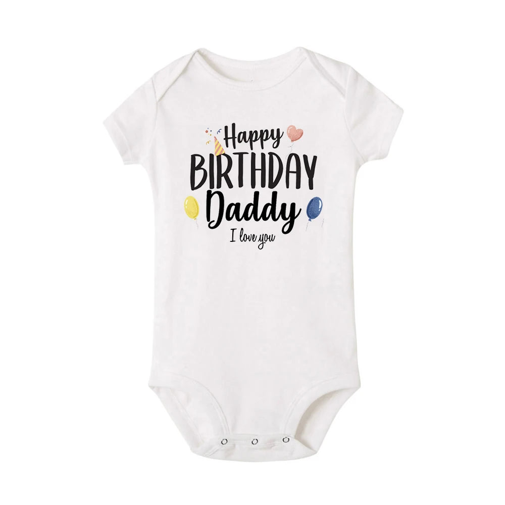 Baby boy's short sleeve birthday bodysuit by Nova Mart with "Happy Birthday Daddy" print, summer romper for infants.