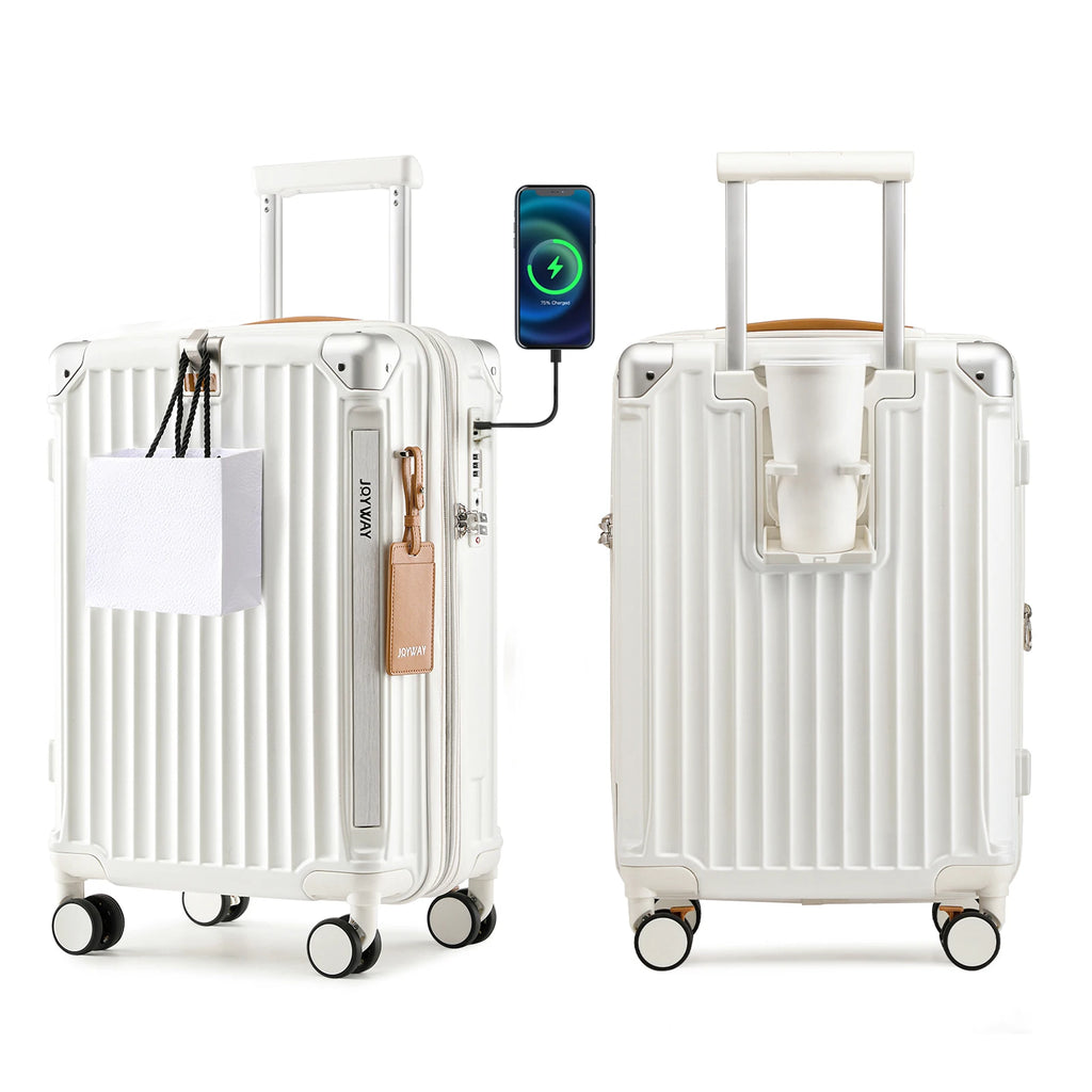 Nova Mart Joyway 20-inch expandable carry-on luggage with TSA lock and cup holder, featuring a sleek design and durable wheels.