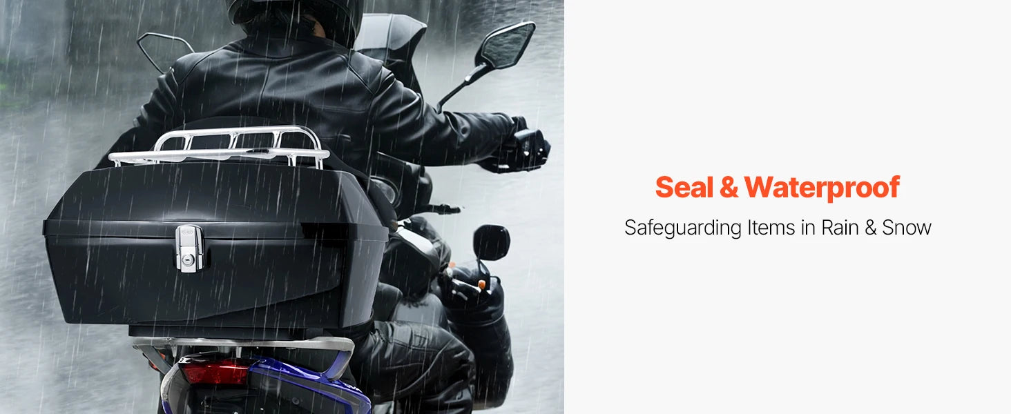 Black 48L Nova Mart motorcycle top case with backrest and lock, designed as a durable motorcycle accessory for secure storage.