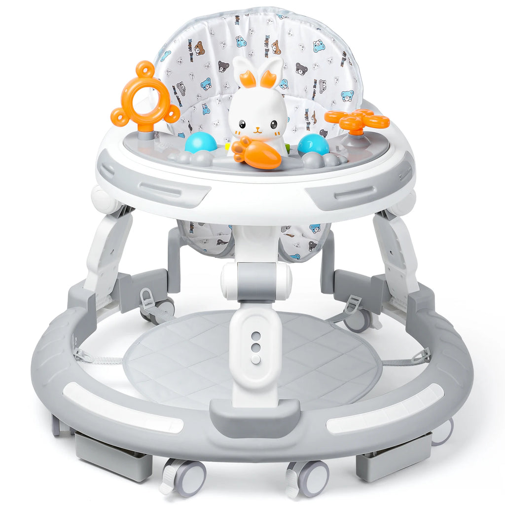 Nova Mart 4-in-1 safety baby walker with music, lights, and toy panel, featuring adjustable height and a sturdy frame.