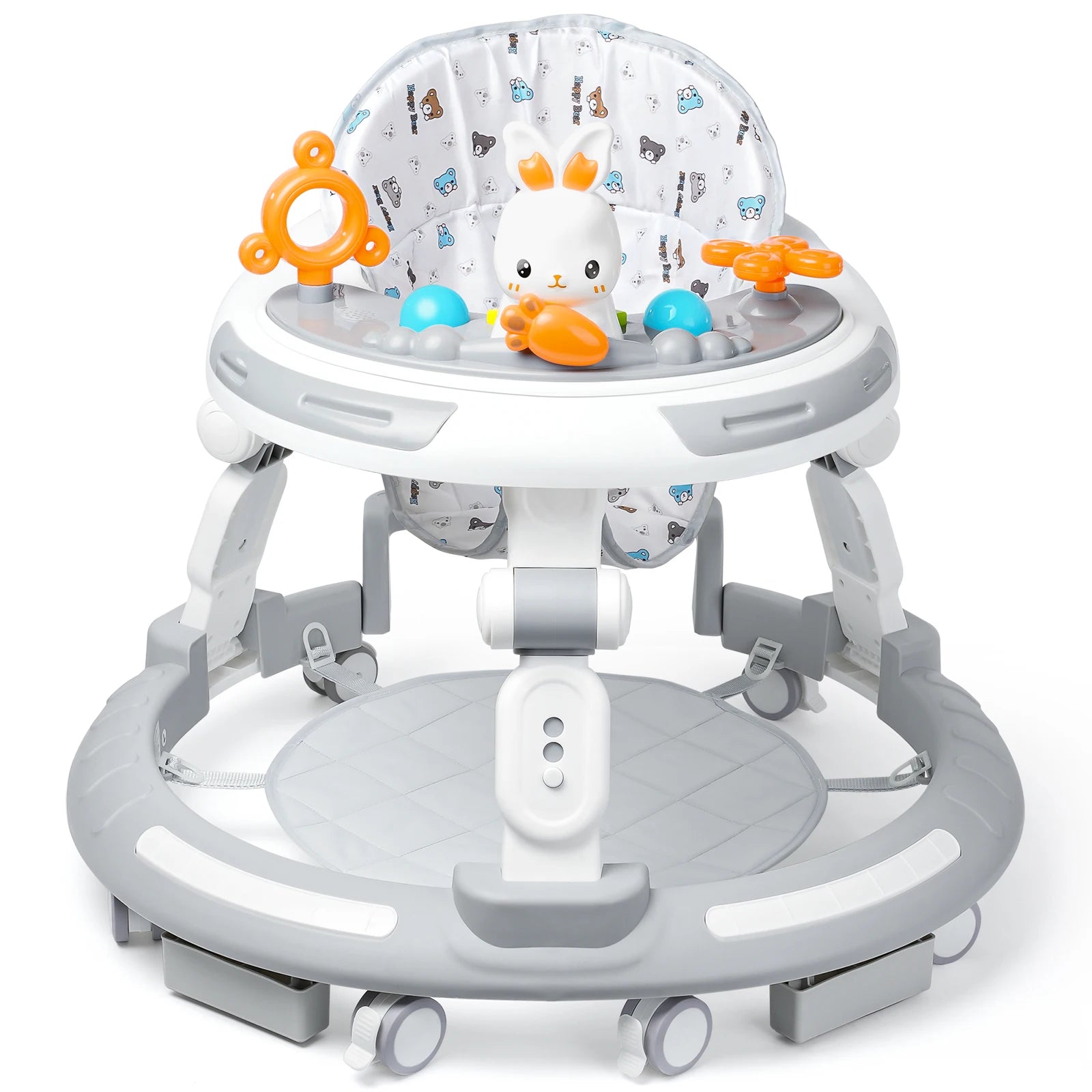 Nova Mart 4-in-1 safety baby walker with music, lights, and toy panel, featuring adjustable height and a sturdy frame.