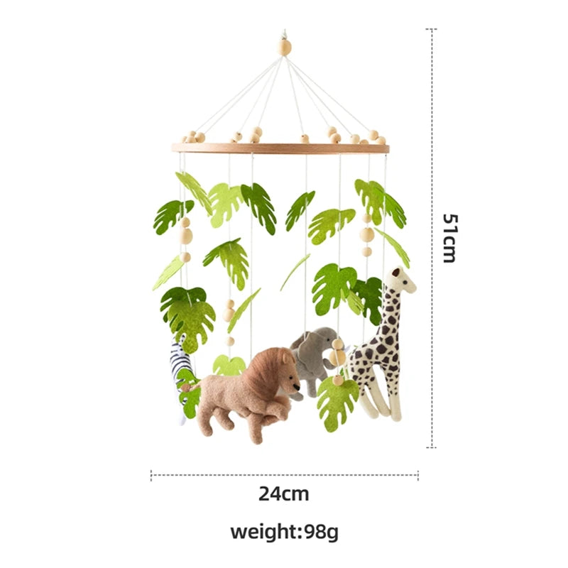 Wooden wind chime baby crib mobile by Nova Mart with animal felt dolls and gentle music for soothing baby sleep.