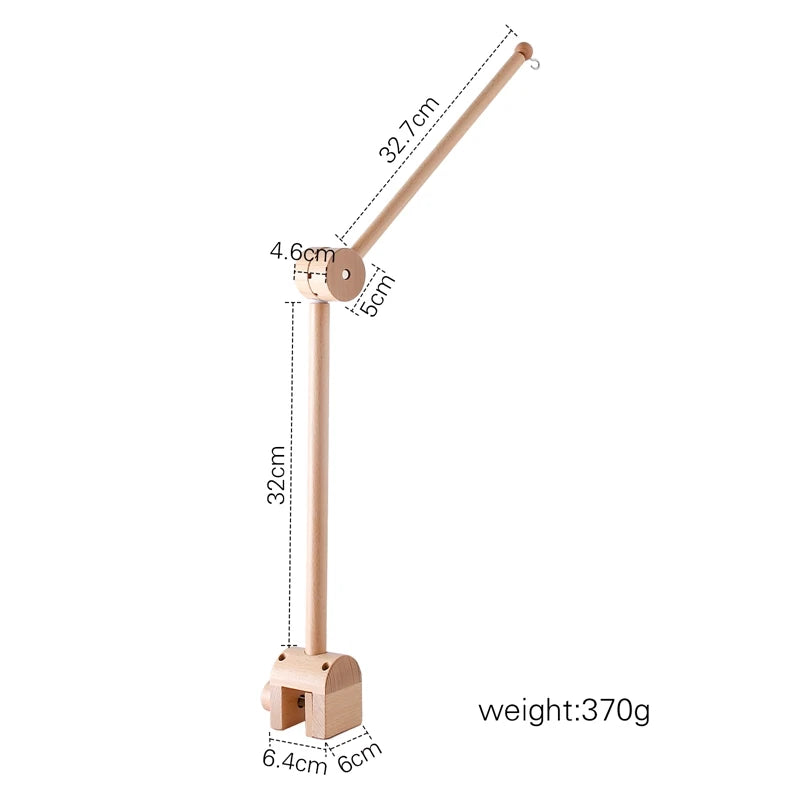 Wooden baby mobile with cloud-shaped hanging rattle toy and bracket, designed for nursery decor and infant entertainment.