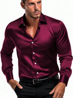 Men's solid satin casual long sleeve shirt by Nova Mart, shown in smooth, shiny fabric with a classic collar and button front.