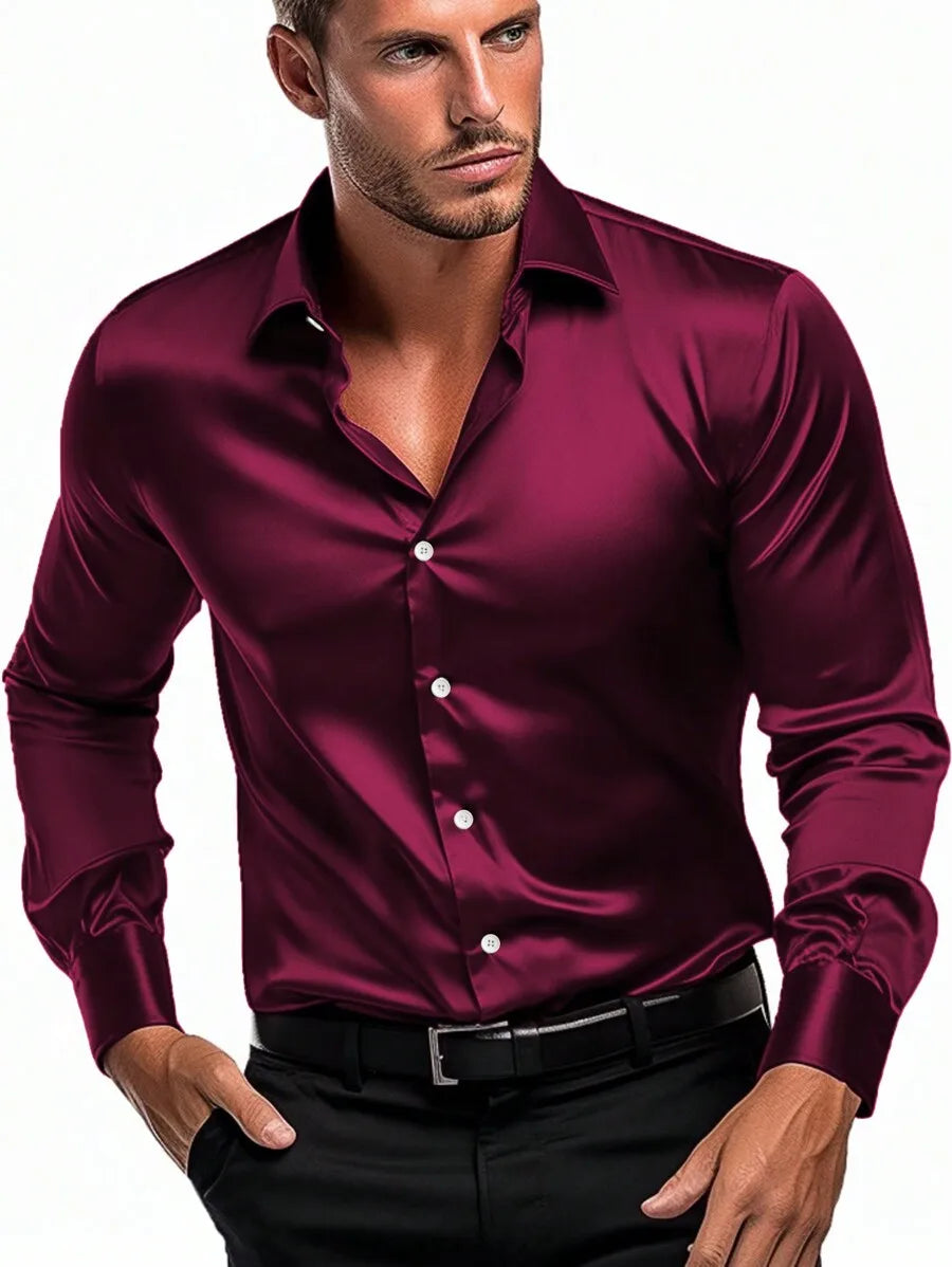 Men's solid satin casual long sleeve shirt by Nova Mart, shown in smooth, shiny fabric with a classic collar and button front.