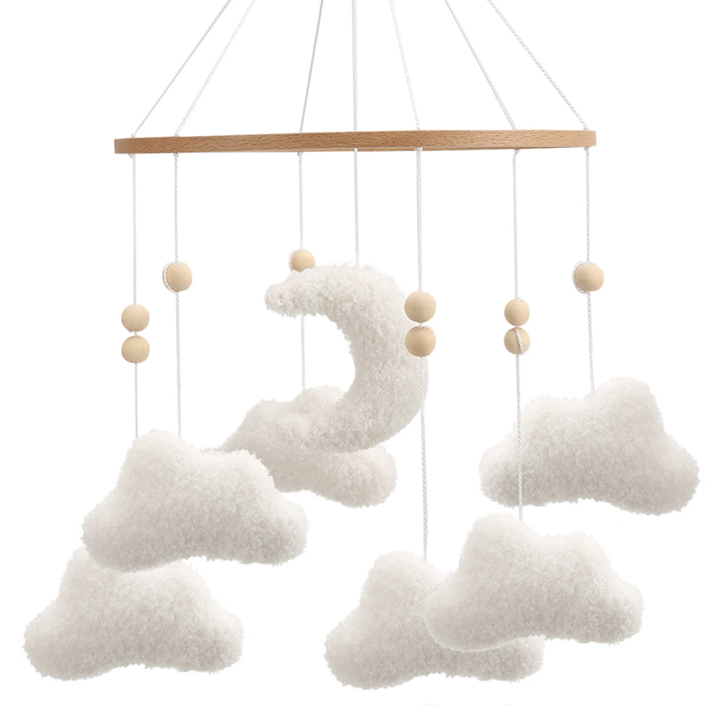 Nova Mart Boucle Clouds & Moon Baby Mobile featuring soft felt clouds and moon for neutral nursery decor and baby toy.