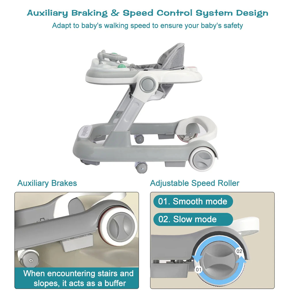 Foldable baby activity walker by Nova Mart with feeding tray and music tray, showing colorful design and safety features.