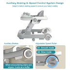Foldable baby activity walker by Nova Mart with feeding tray and music tray, showing colorful design and safety features.