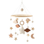 Wooden crochet stars baby crib mobile with bell and rattle toy by Nova Mart, featuring colorful star-shaped wooden decorations.