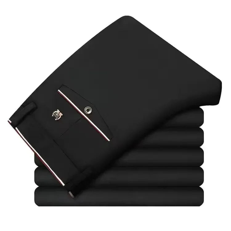 Men's slim fit black suit pants by Nova Mart, formal trousers with tailored design and classic style, shown on a hanger.
