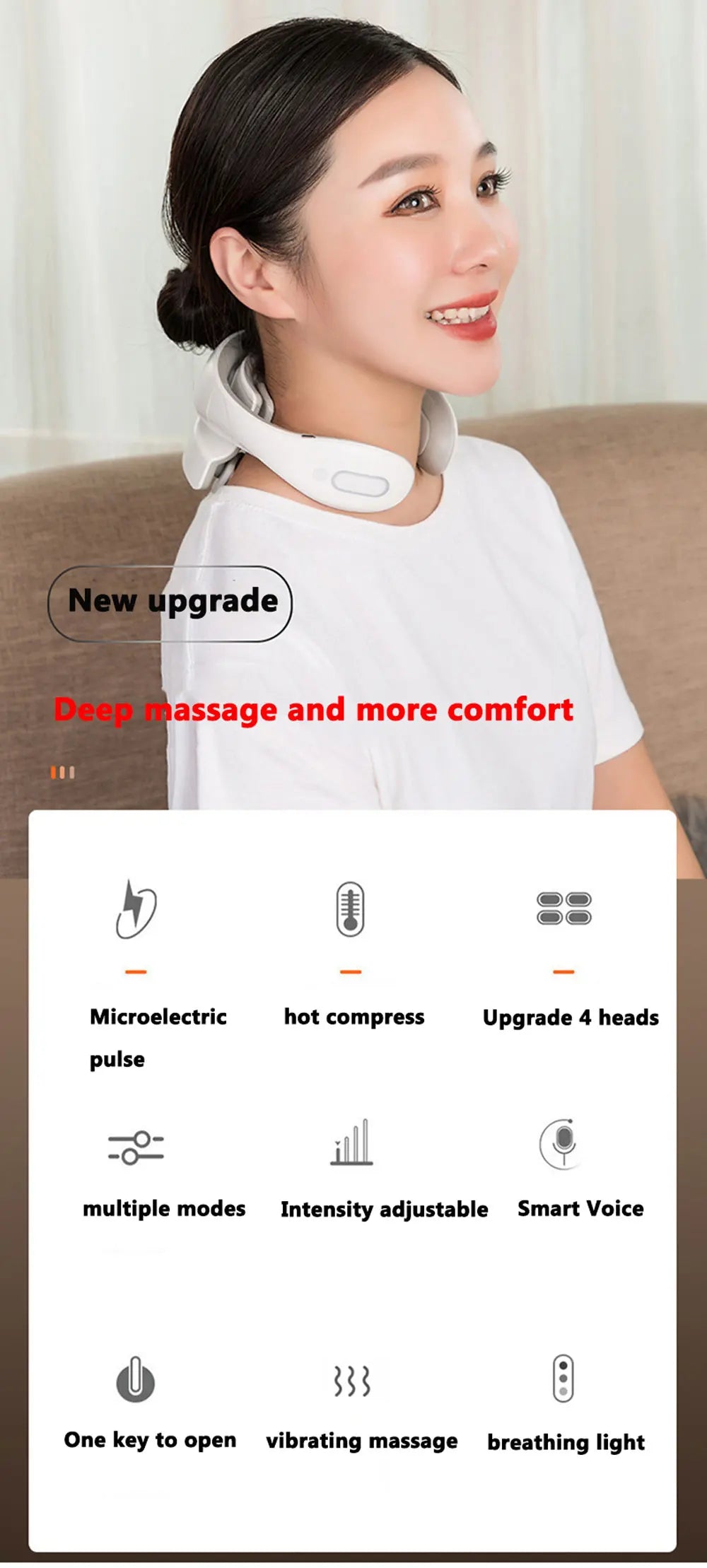 Nova Mart smart neck massager with low frequency pulse for cervical relief, featuring ergonomic design and adjustable massage settings.