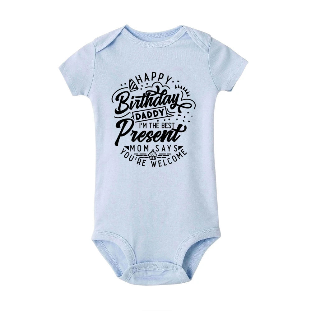 Happy Birthday Daddy baby bodysuit, short sleeve summer romper from Nova Mart featuring cheerful birthday-themed print for infants.
