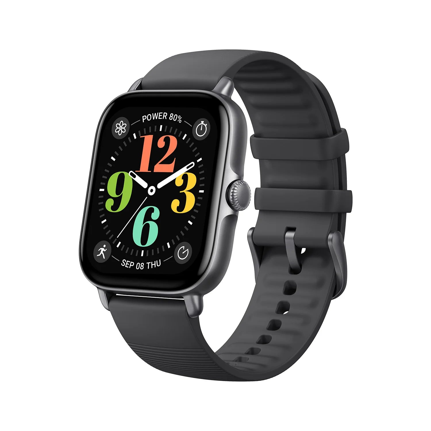 Amazfit GTS 4 Mini smart watch by Nova Mart showing a sleek black design with health tracking and multiple sport mode icons.
