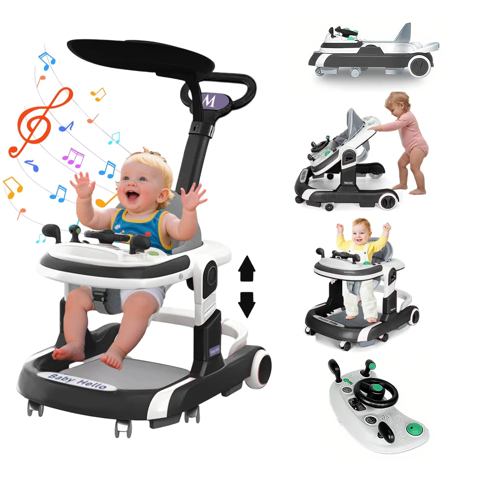 Nova Mart multifunctional baby walker with sunshade, comfortable seat, and built-in music for engaging play and mobility.
