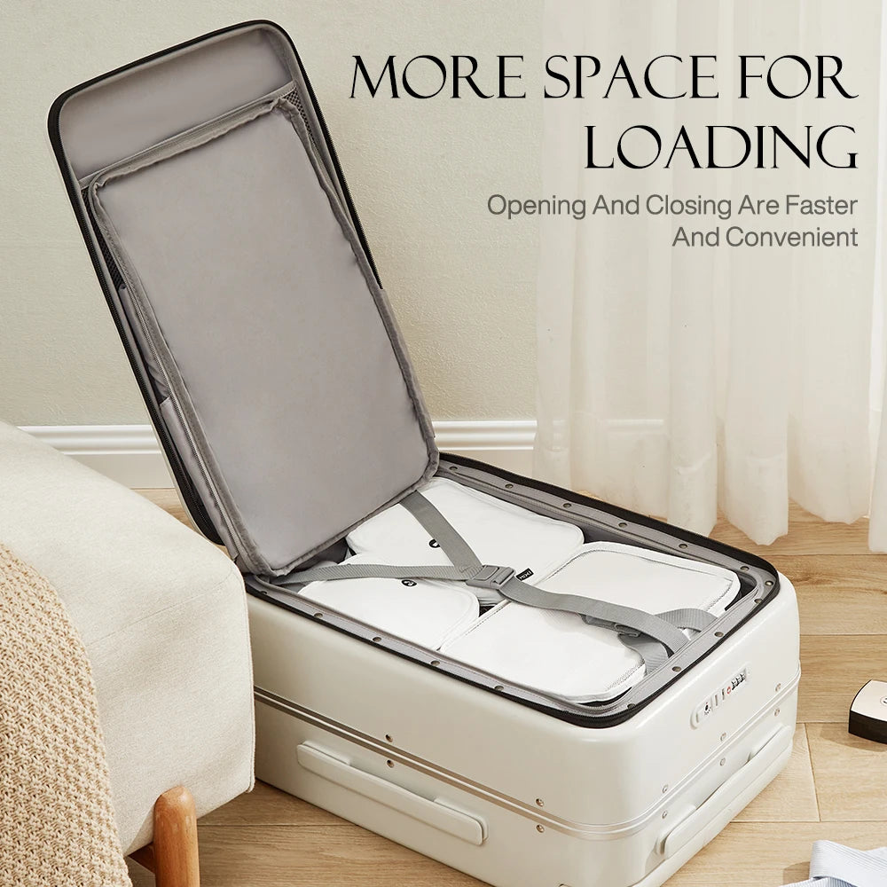 Nova Mart Mixi PC aluminum frame trolley case with laptop pocket, durable luggage with sturdy handle and smooth wheels.