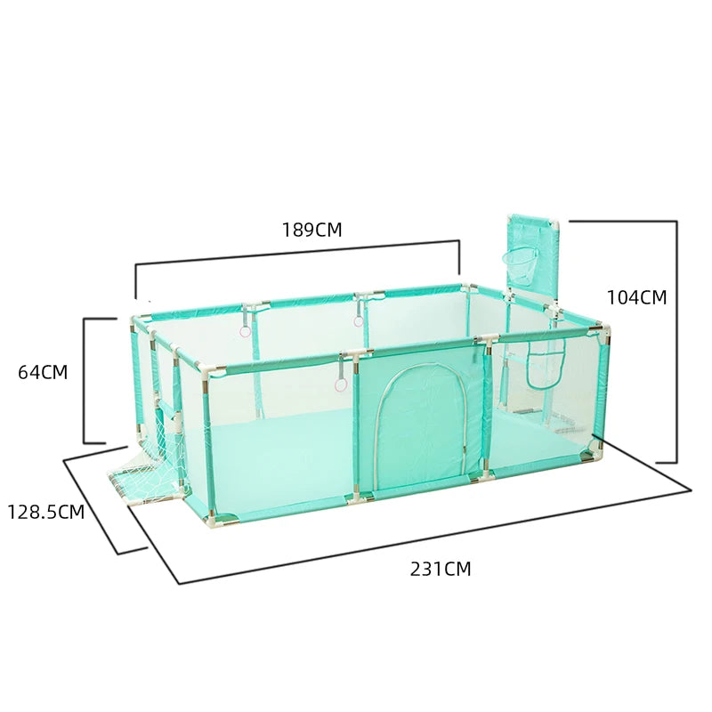 Nova Mart safety baby playpen with basketball frame, indoor kids playground, featuring colorful panels and secure enclosure for infants.
