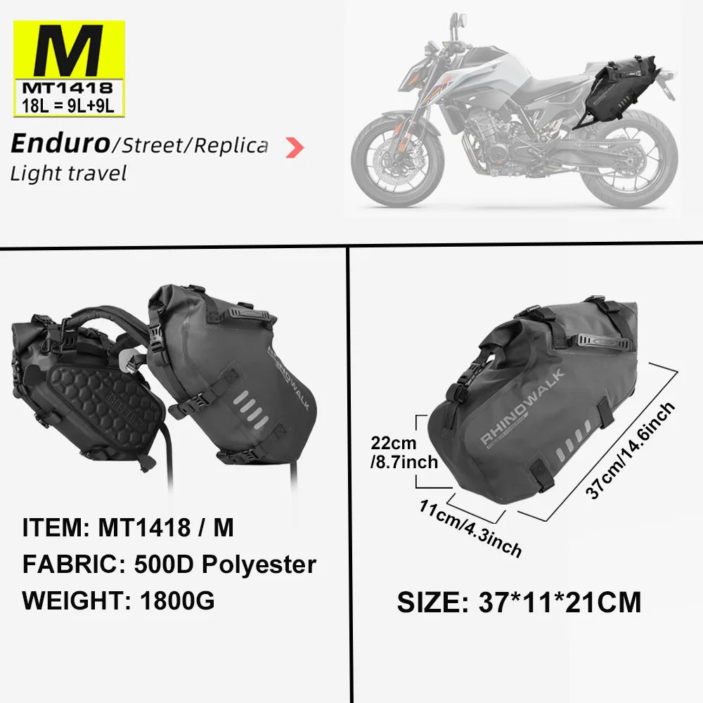 Rhinowalk waterproof motorcycle pannier saddle bags in black, designed for durable, weather-resistant motorcycle storage.