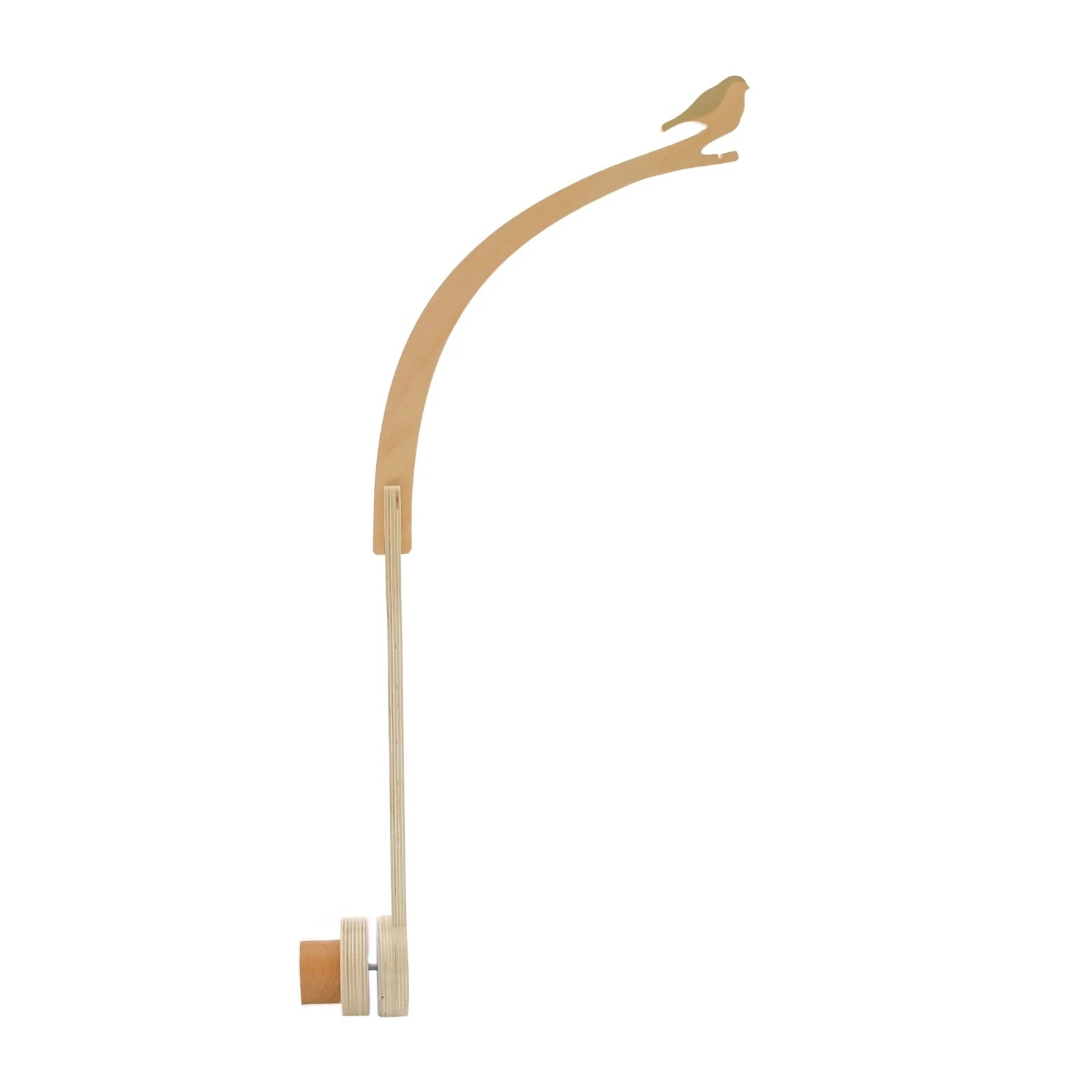 Wooden baby crib rattle toy with crochet bed bell bracket for infants 0-12 months, made by Nova Mart, shown hanging on a crib.