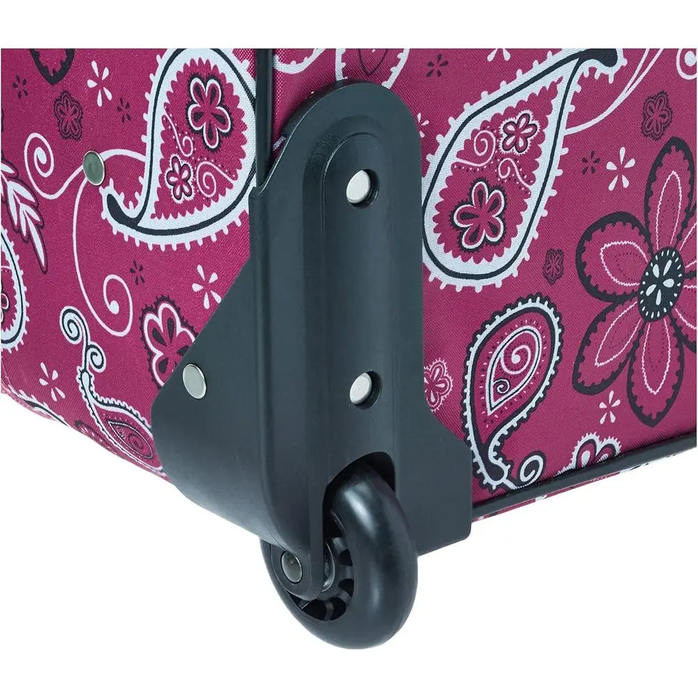Pink Nova Mart upright expandable 2-piece luggage set with wheels and handle, includes 14-inch and 19-inch suitcases.