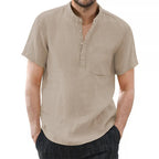 Men's cotton linen short sleeve T-shirt in solid color, breathable and casual, from Nova Mart, ideal for summer wear.