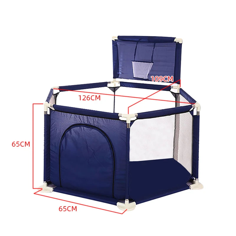 Safety baby playpen with a basketball frame for indoor kids’ play area, featuring a sturdy enclosure and colorful design by Nova Mart.