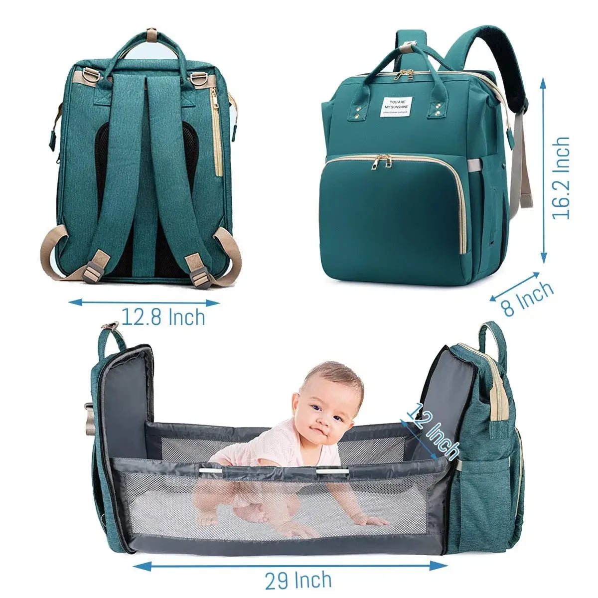 Nova Mart 3-in-1 diaper bag backpack with foldable baby bed, showing multiple compartments and a built-in changing station.